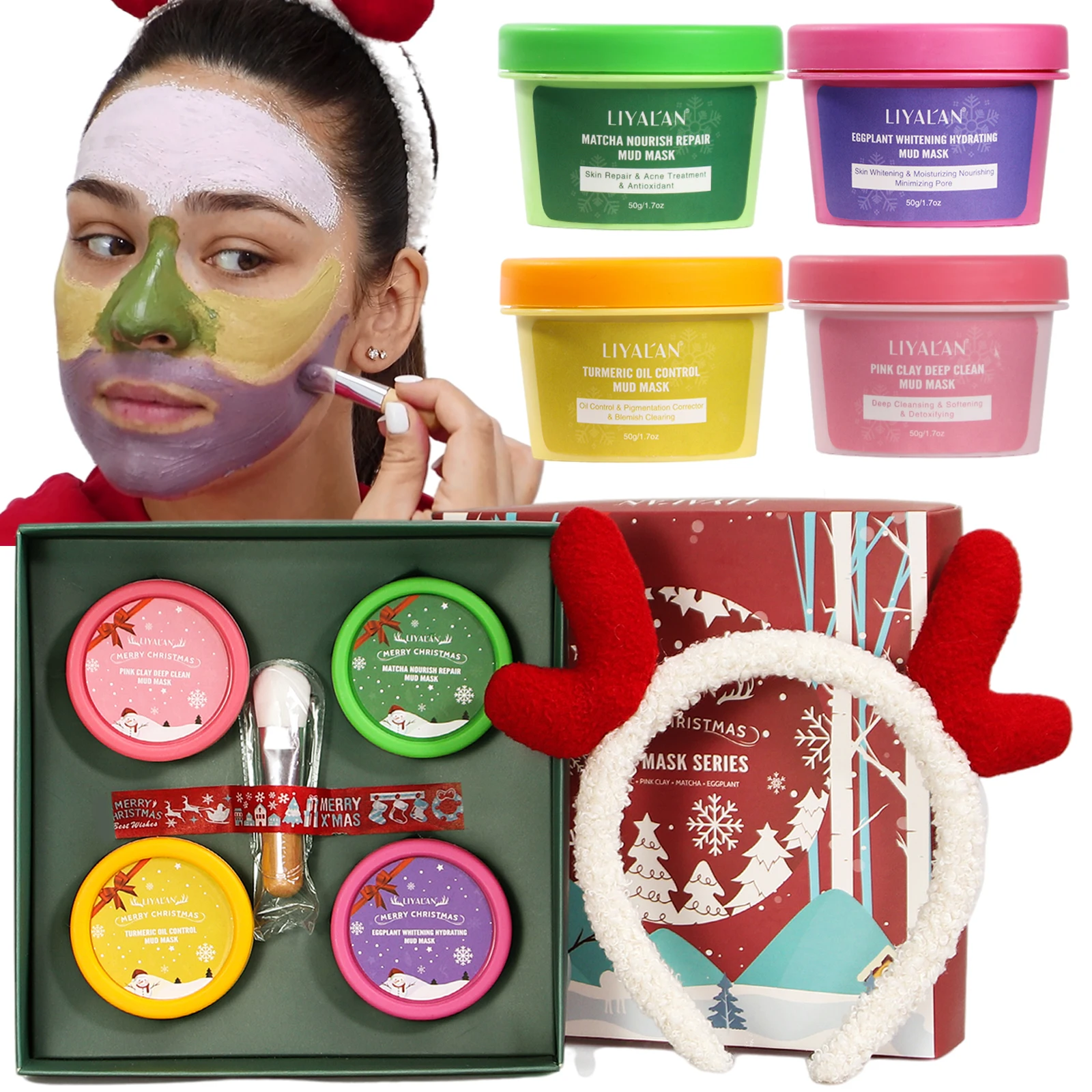 Skin Care Rose Turmeric Matcha Eggplant Pink Whitening Acne Christmas Gift Mud Clay Mask Set With Hair Band&Brush