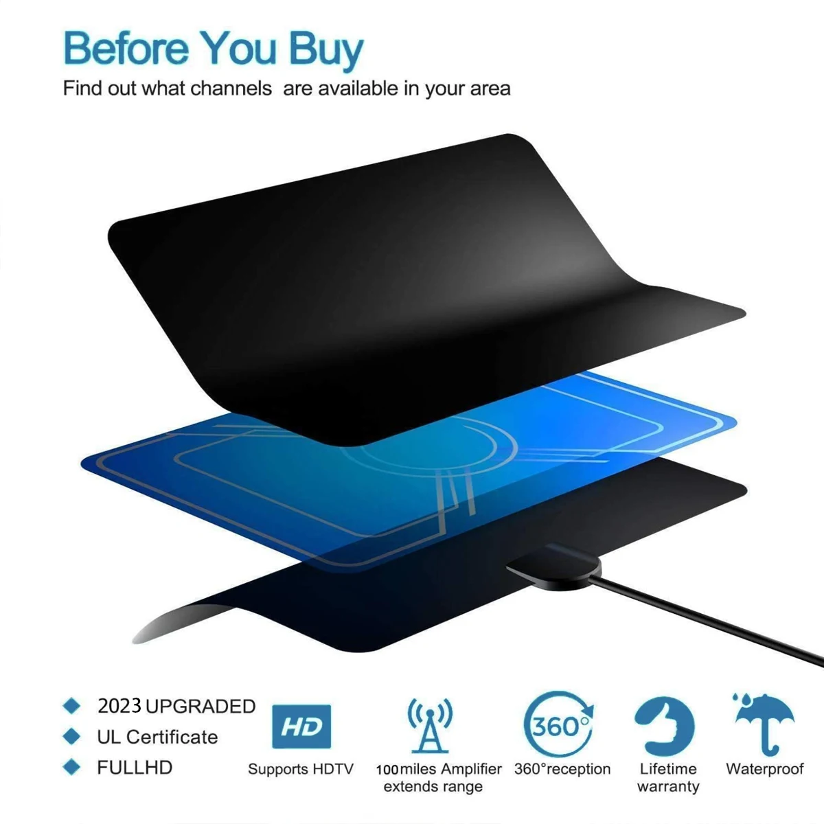 Flat Thin High Gain 50 miles Indoor VHF UHF Amplifier Digital HDTV TV Antenna