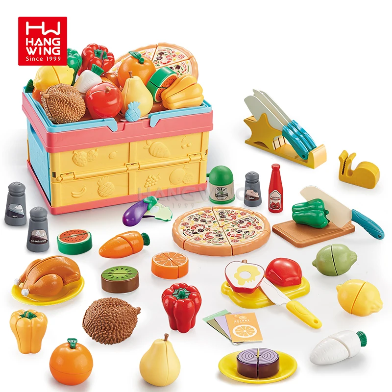 HW Preschool Pretend Play Kids Kitchen Toy Folding Basket 3D Fruit Cutting Set 41 Pieces