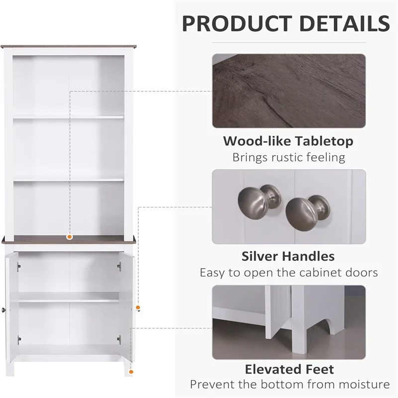 69' Freestanding Storage Cabinet Bathroom Linen Tower Kitchen Cupboard Buffet Cabinet Bookcase with Double Door 3-Tier Shelf