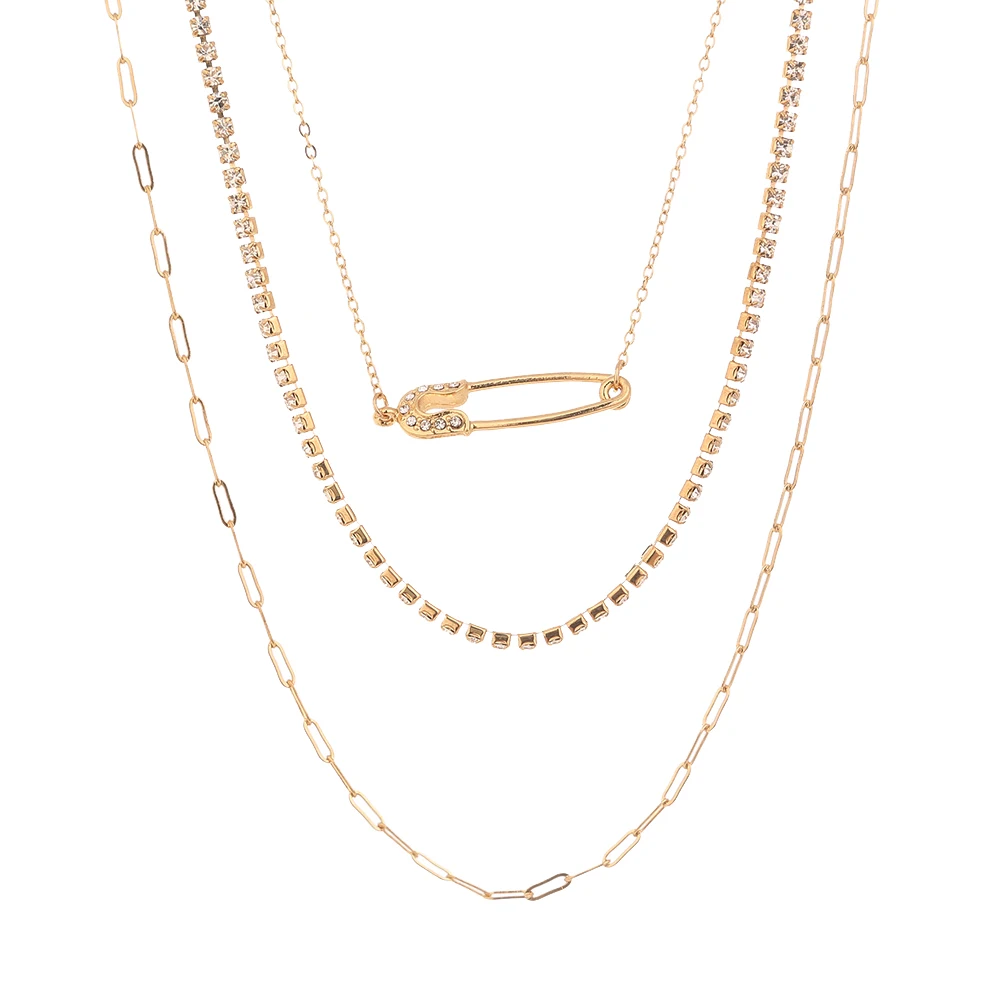 Statement 2020 Tennis Chain Jewelry Rhinestone Crystal Safety Pin Multi Layer Necklace Chain Choker Diamond Necklace