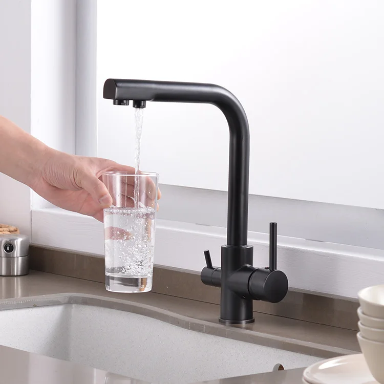 ROVATE purifier kitchen tap brass 3 way kitchen faucet matt black double handle faucet modern kitchen sink mixer