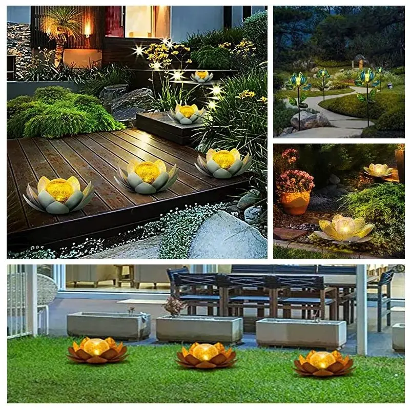 Solar lotus lamp iron outdoor waterproof simulation lotus burst crack intelligent light sense lawn garden decorative lights