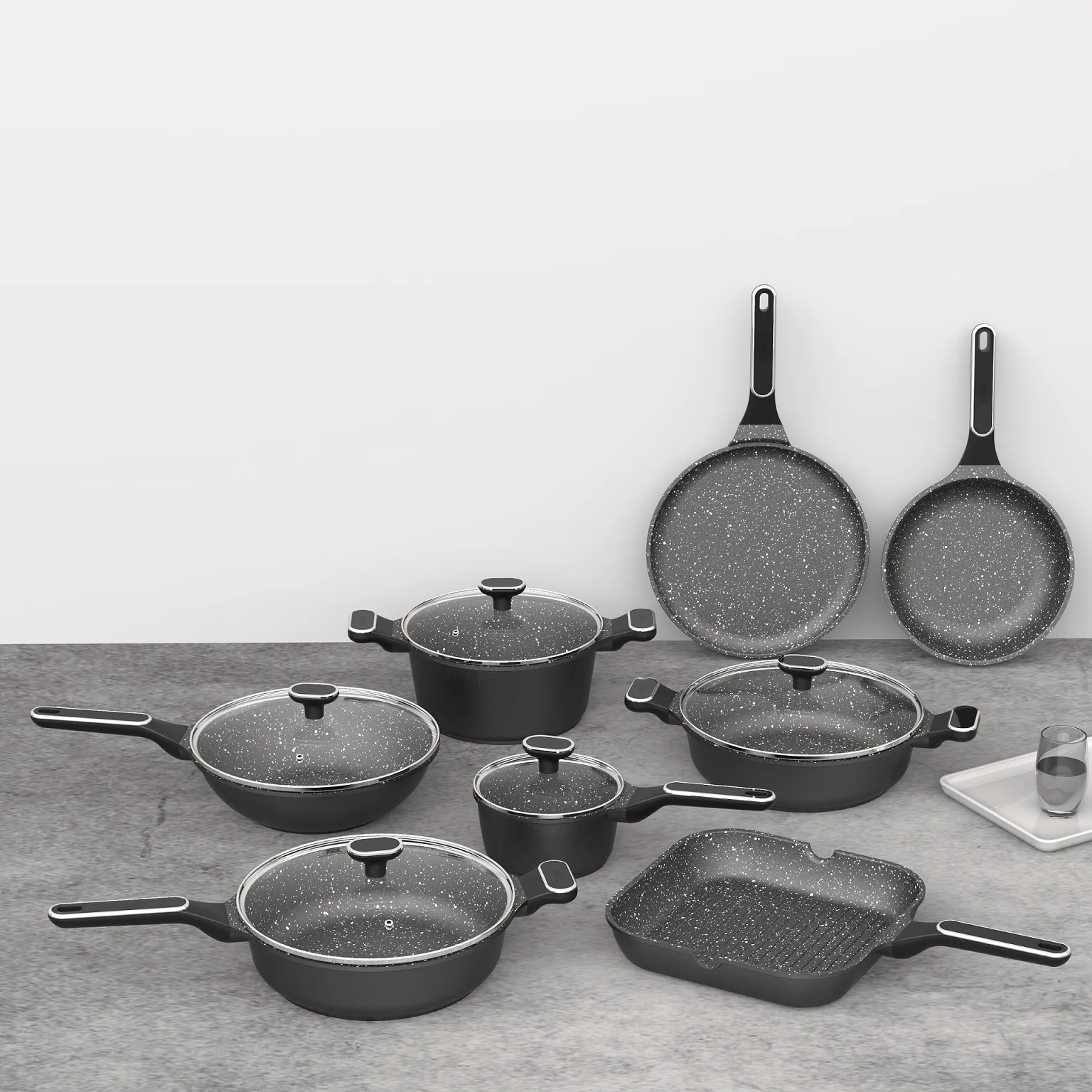 BESCO OEM Escalation Series 13pcs Nonstick Marble Die Cast Aluminum Cookware Sets with Weave Pattern Handle & Silicone Glass Lid