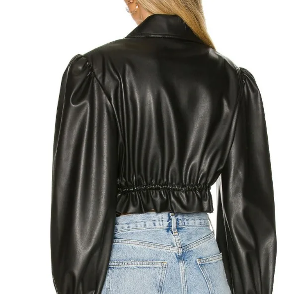 Women Coat Unique Design Long Sleeve Drawstring Short Collect Waist Leather Crop Jacket 2024 Spring Summer
