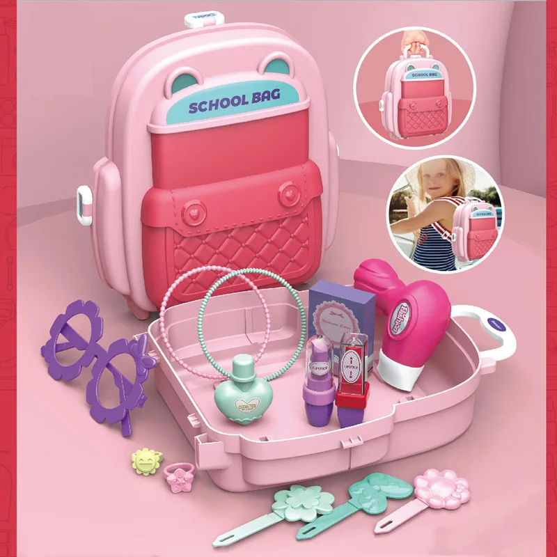 2 In 1 Cooking Games Simulation Pretend Play Kitchen Makeup Doctor Set House Toy For Kids Gift With Portable Backpack Bag