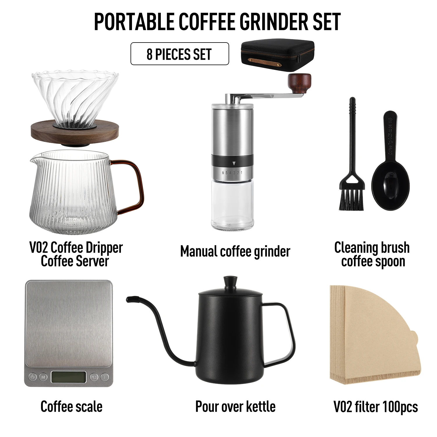 Coffee Gift Set Barista Tools  Arabic Pour Over 8pcs Coffee Set camping outdoor Handbag Grinder Manual Coffee Gift Set
