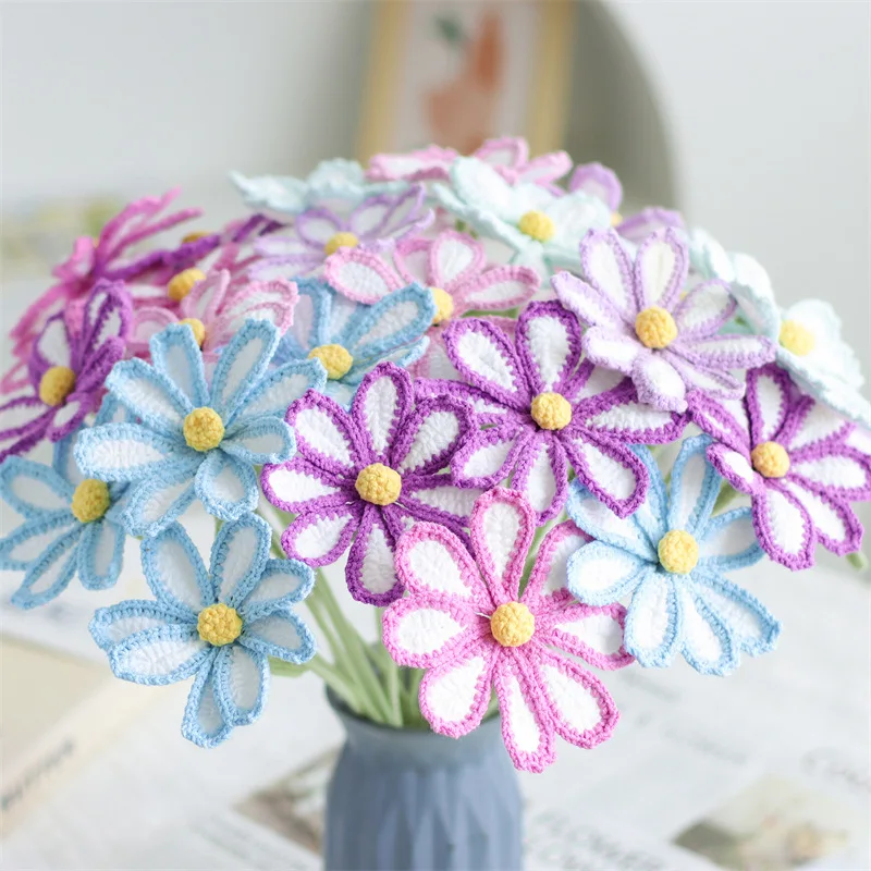Hot Selling Handmade Yarn Wool Artificial Flower Knitting Colorful Galsang Flowers Crochet Bouquet Knitted Crochet  Flower