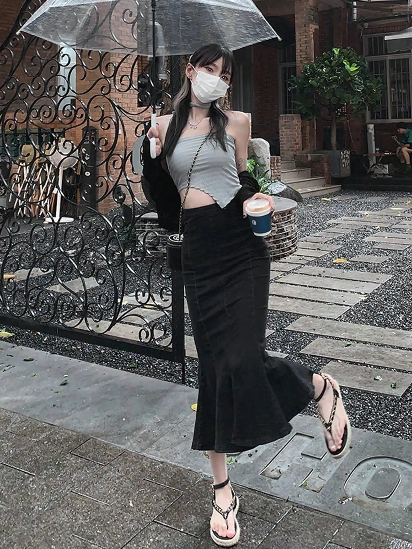 Free Sample Women High Waisted Slimming Jean Skirt Black Long Irregular Half-Body Fishtail Front Side Slit Jean Denim Skirt