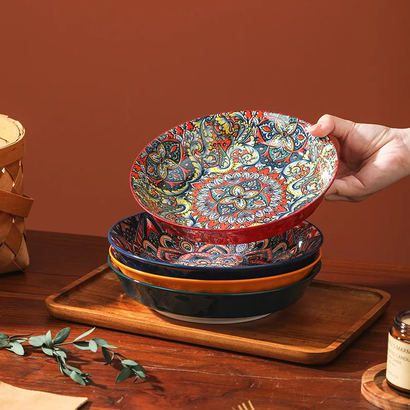 Hot Selling 8' Ceramic Plate Bohemia Pattern Household Under Glaze Color Tableware High Quality Plate