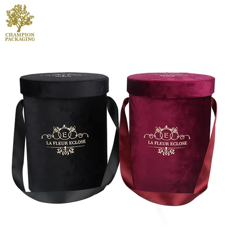 Velvet round flower boxes with custom logo printed,suede box for roses,Valentines gifts flower packaging boxes