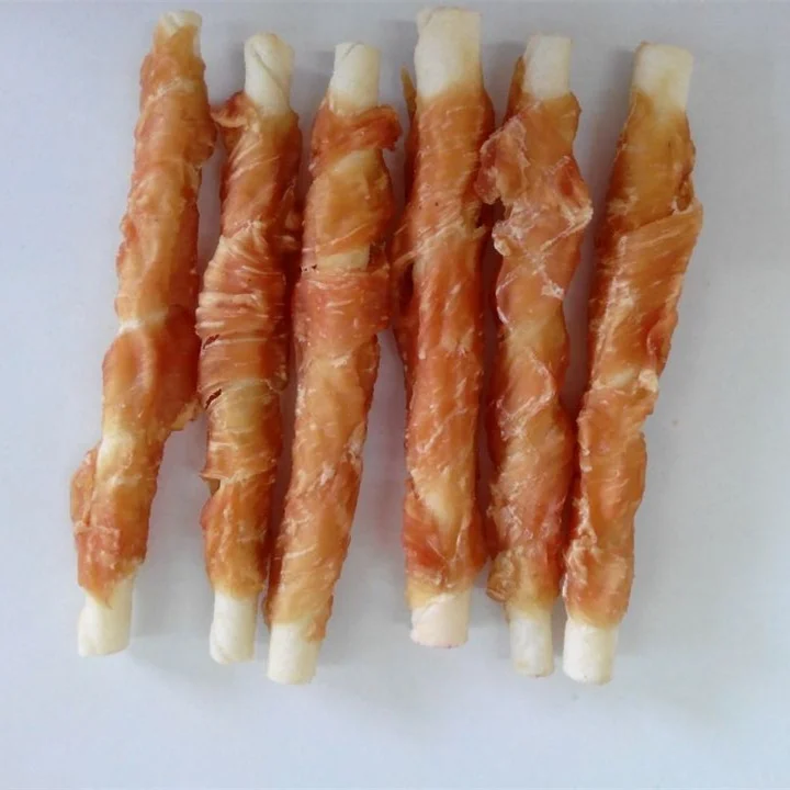 Top selling made by natural chicken meat for pet dog food of chicken jerky wrapped bleached rawhide