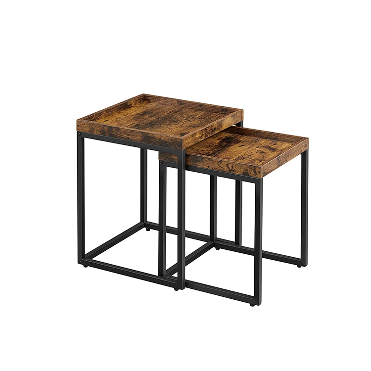 Vekin Living Room Furniture Set of 2 Side Tables Industrial Rustic Brown Nesting Tables Coffee Table Set with Raised Edges