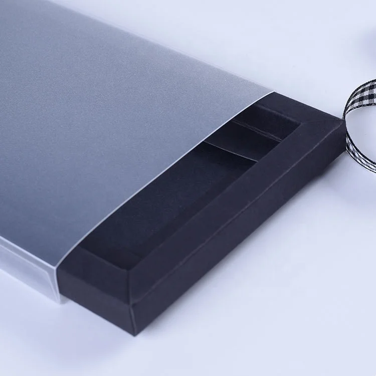 Drawer style sliding out kraft paper phone case retail packaging gift box with frost PVC sleeve