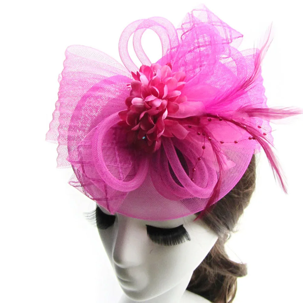 Customize Headwear Decor Hat Bow Flower Feather Veil Fascinator Hair Clips Brooch For Charm Women Rose Color