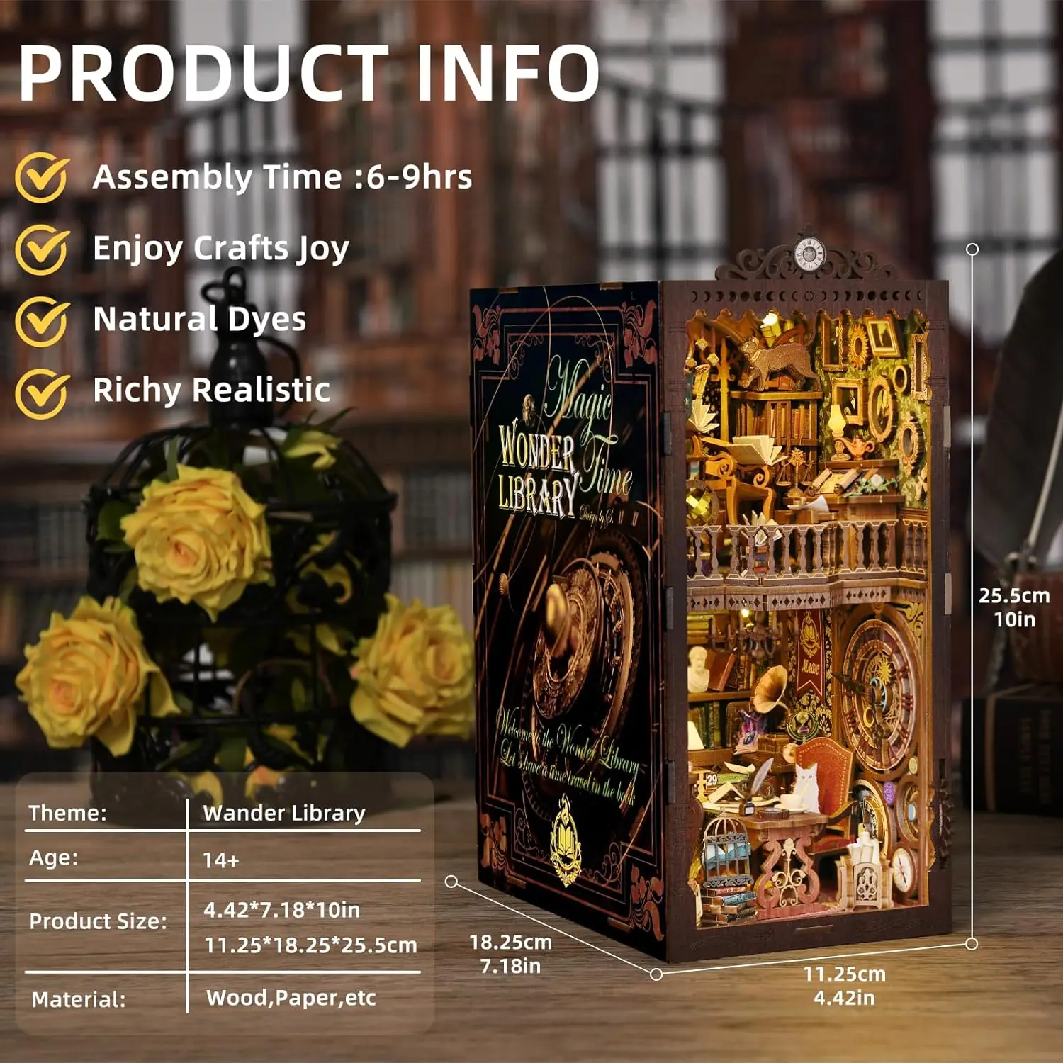 AMOBOX SL06 Wonder Library 3D Booknook Puzzle Alley Mini DIY Wood Model Set Includes Doll Houses and Book Nook Library