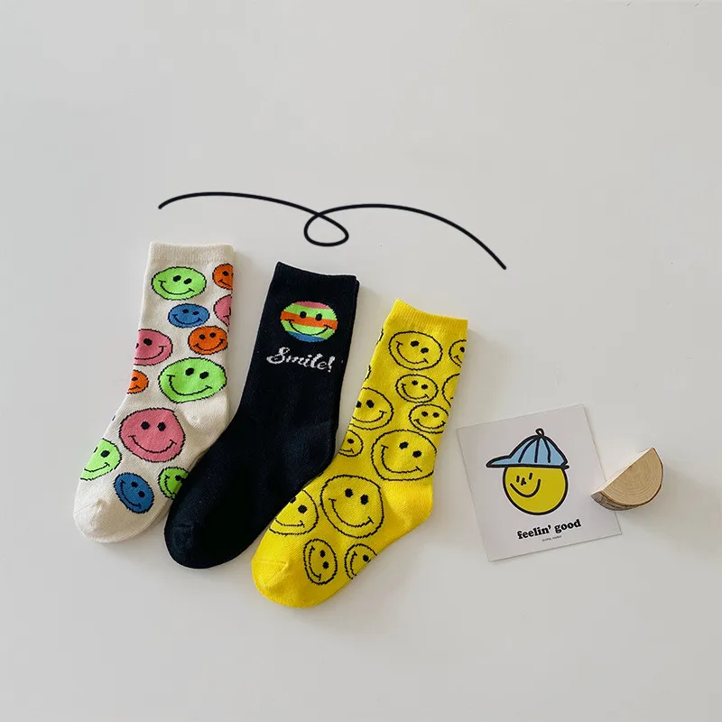 
New design autumn boy children cotton socks candy color with smiley face printed kids socks 