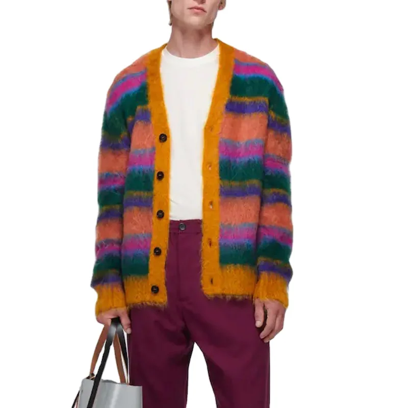 2023 Custom OEM & ODM mohair men sweater Fuzzy designer knitwear winter Striped mohair knitted custom Cardigan knit sweater men