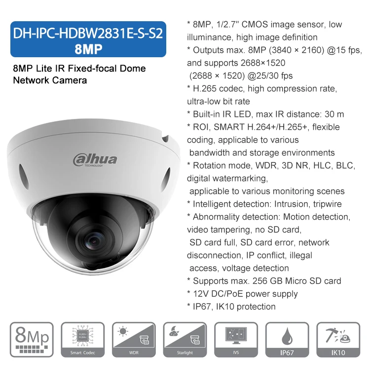 Mutil-язык 8MP cmos-датчика изображения IPC-HDBW2831E-S-S2 усовершенствованная от взрыва купол 4K POE IP камера