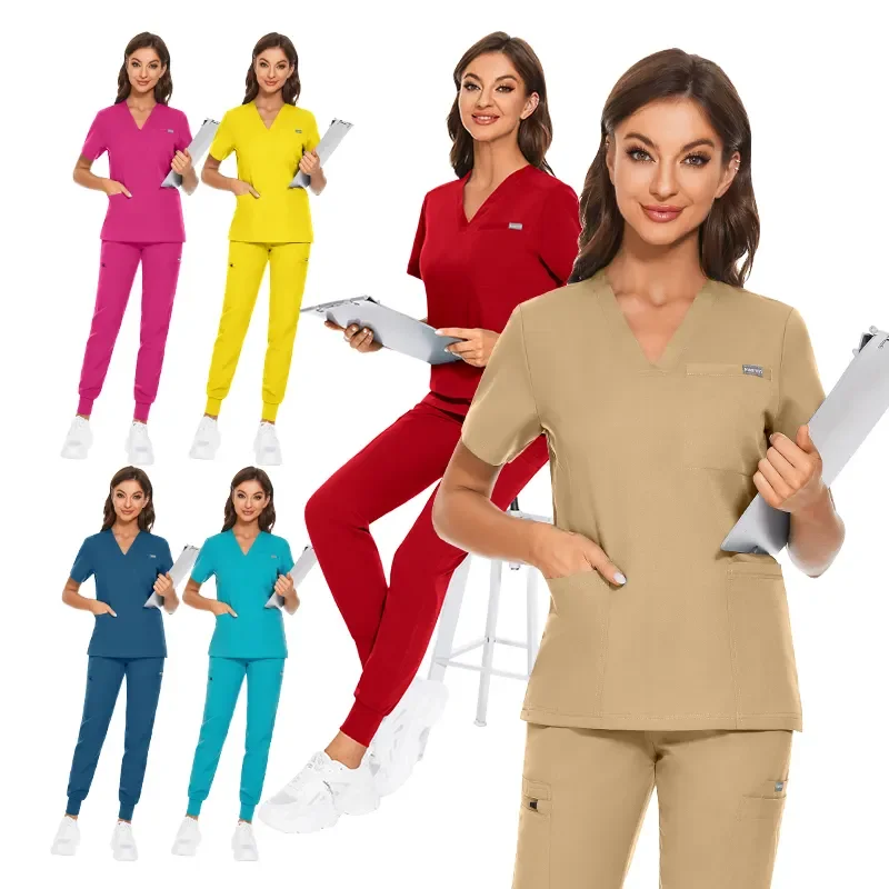 Excellent Quality Fashion Stretch Fabric Unisex Womens Men Khaki White Red Pink Blue Nurse Scrub Uniform Sets Spa Uniform