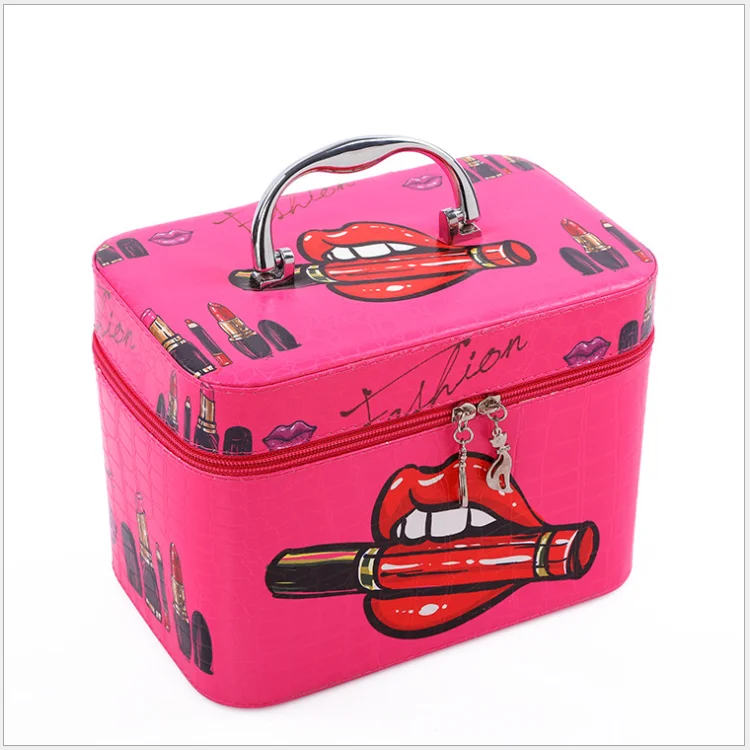 cosmetic bag set red lip printing makeup packaging travel brush box lipstick pu zipper cosmetic bags & cases with mirror