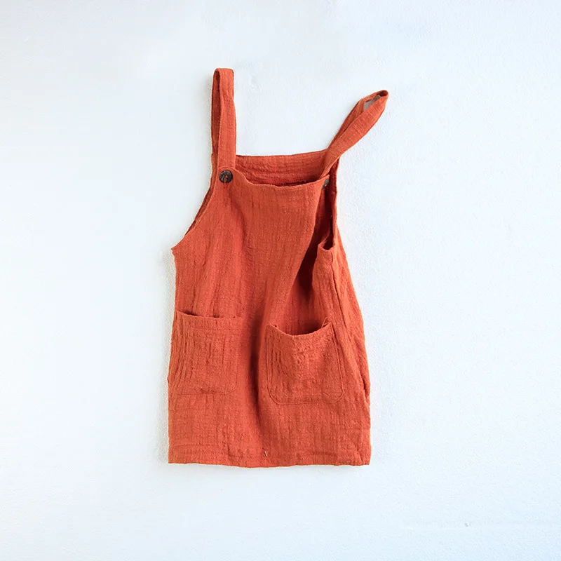 Linen Patch Pocket Button Adjustable Baby Casual Dress Knee Length Girls Suspender Dresses