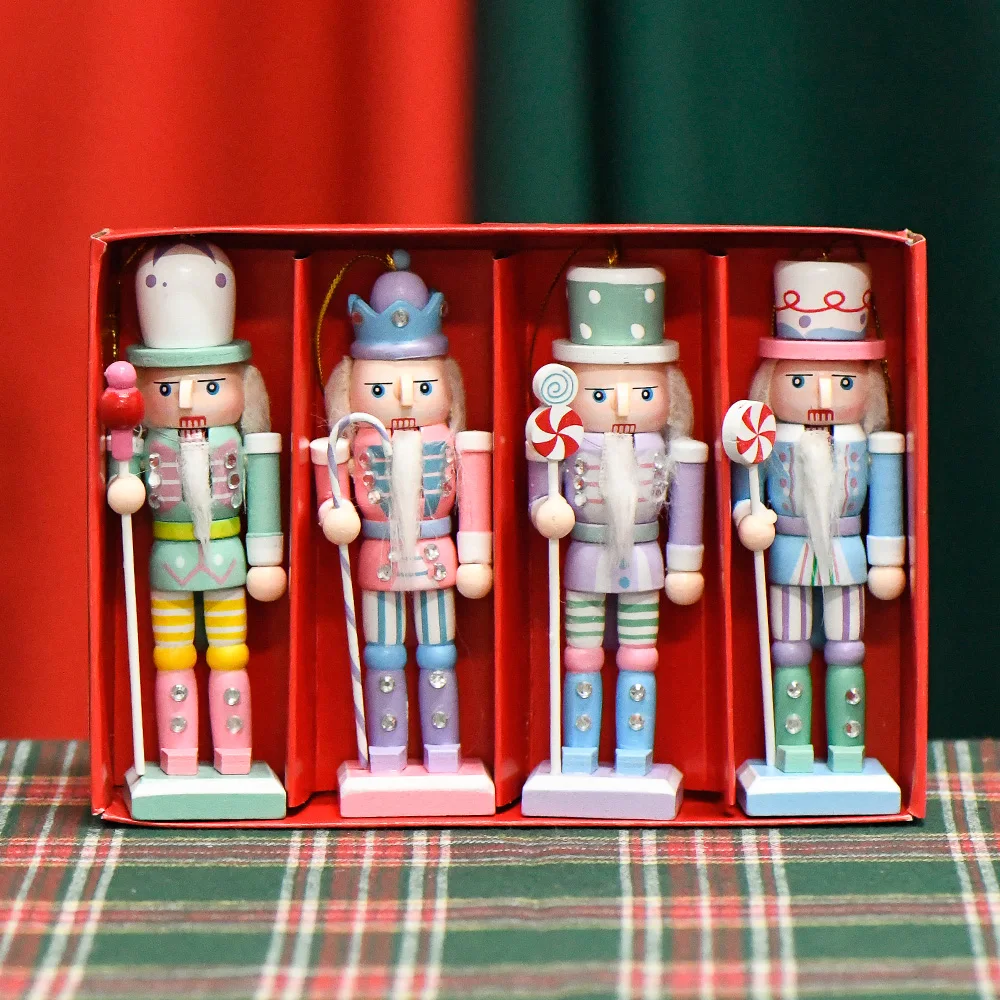 Colorful Hand Painted Wooden Nutcracker 4Pcs In 1Set Package Hanging Pendant Christmas Nutcracker