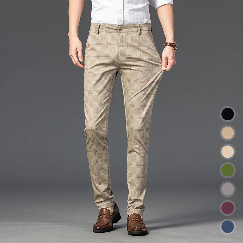 Custom Logo Plaid Pants Men Cotton Formal Work Business Black Wine red Fashion Slim Fit Thin Luxury Chino Trousers Pants