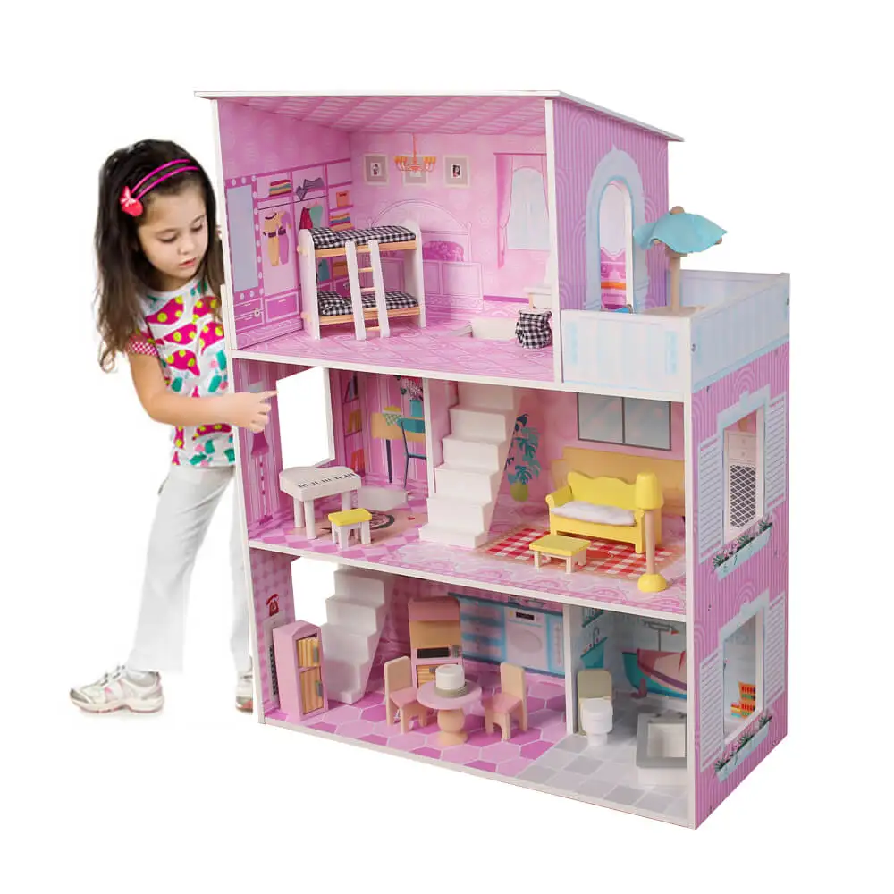 Симпатичная розовая деревянная мебель, игрушечный кукольный домик, ролевая игра, деревянный дом мечты с 15 мебелью для малышей