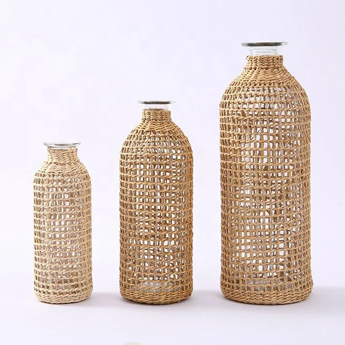 Country Style Creative Rope Net Dry Flower Glass Vase Decoration Design for Home Wedding Decoration