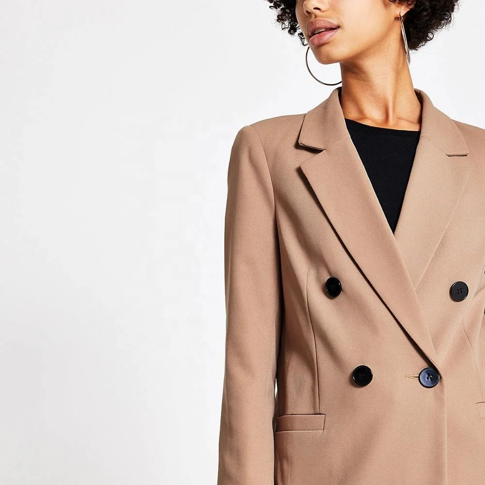 Custom ladies women casual suits jacket beige double breasted boyfriend blazer