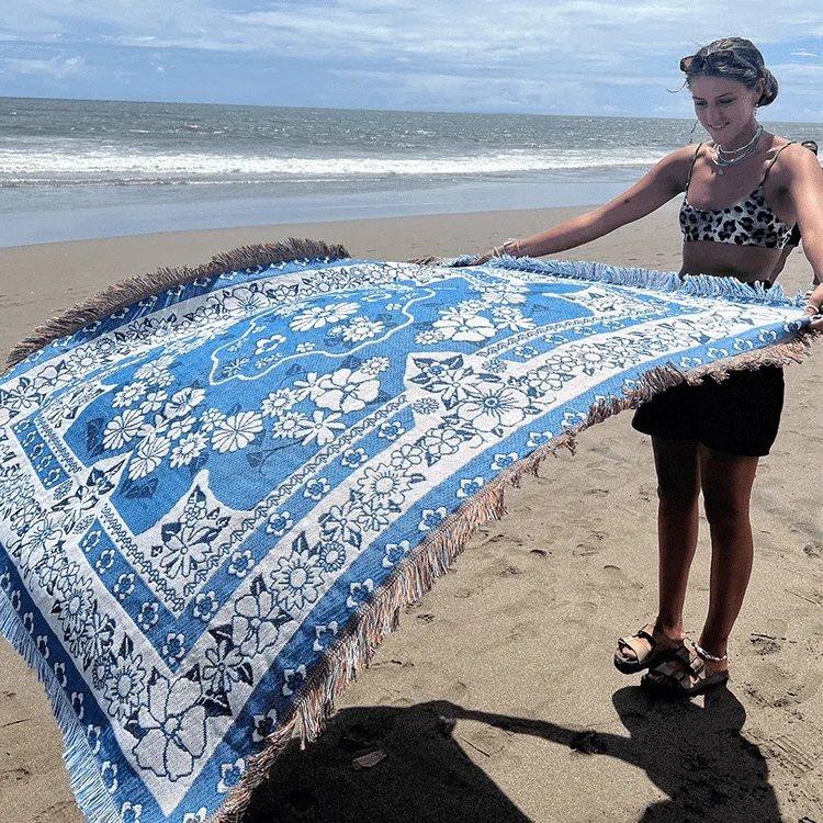manufacturers wholesale Custom tapestry colored chunky vintage cotton picnic woven throw image tassel blanket