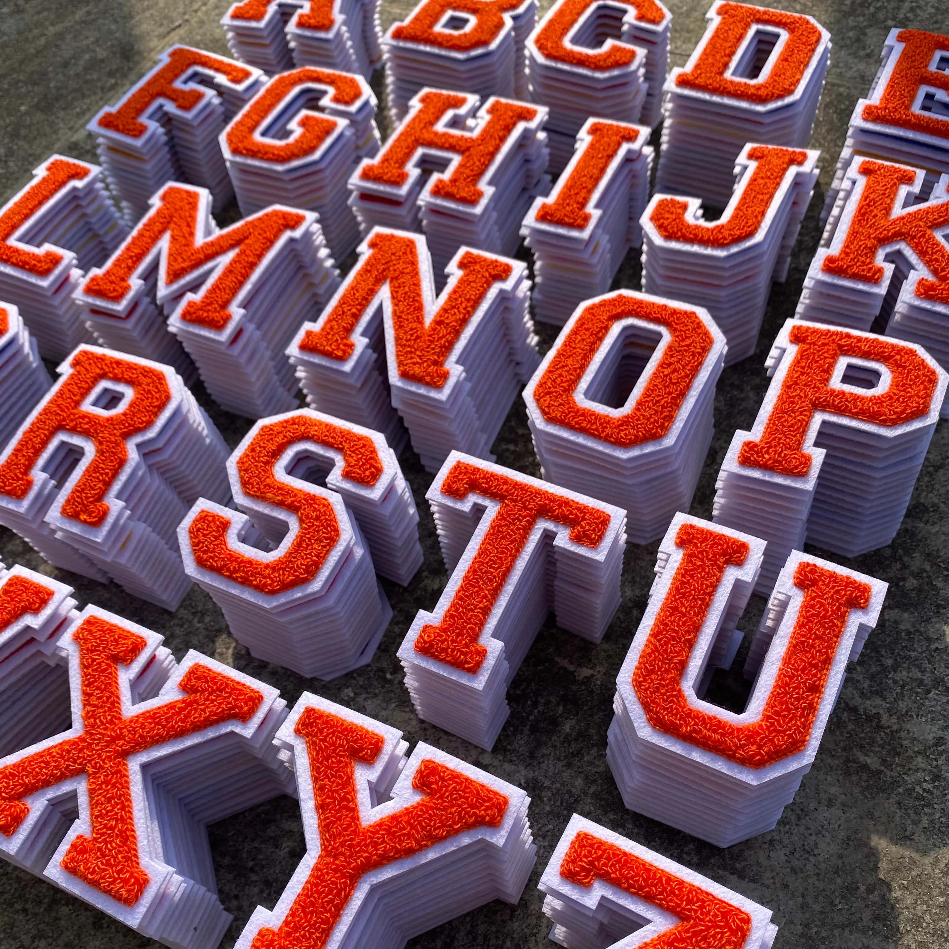 wholesale custom orange stick iron on chenille letters patches heat press  A-Z alphabet  colourful letter chenille patches