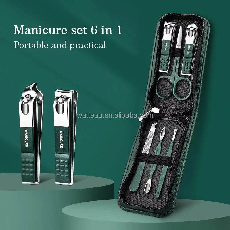 6 Pcs/Bag Portable Luxury Manicure Sets Bright Black Nail Clipper Set Green Nail File Eyebrow Scissors Personal Care Tools