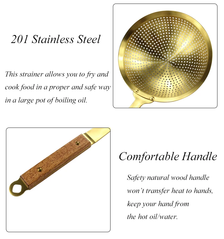 Slotted Spoon Kitchen Flour Sieve Gold Pasta Strainer Skimmer Wood Handle Stainless Steel Colander Ladle