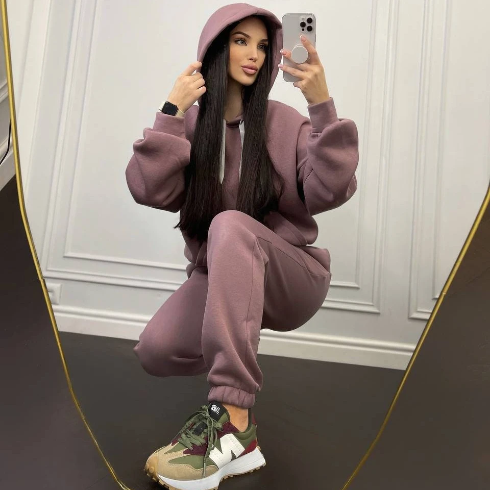 Wholesale Custom High Quality  Hoodies Set Tracksuit 100% Cotton 2 Piece Set Women Jogging Tracksuits