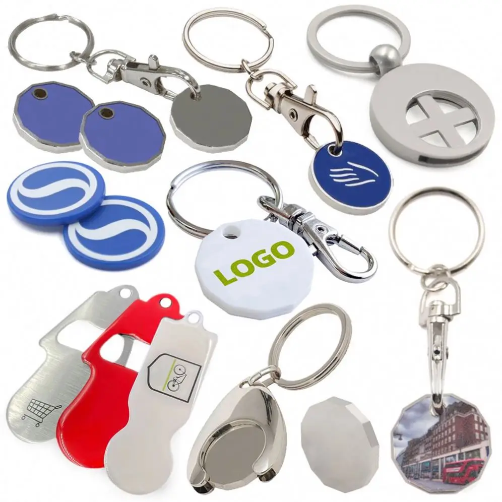Custom logo Sublimation metal key supermarket shopping cart chips token canada uk trolley coin keychain for shopping carts