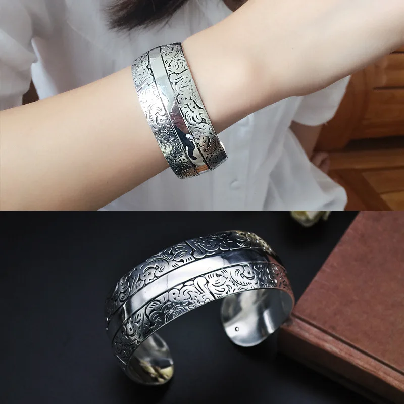 Vintage Tibetan Silver Open Wide Bangle For Women Carved Pattern Animal Bracelet Thailand Afghanistan Ethnic Jewelry