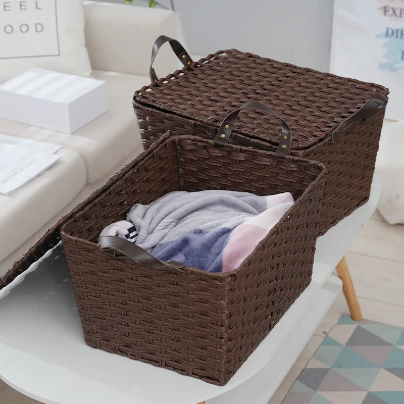 Car basket imitation Rattan woven storage basket dustproof with cover picnic fruit basket kitchen storage box in stock wholesale