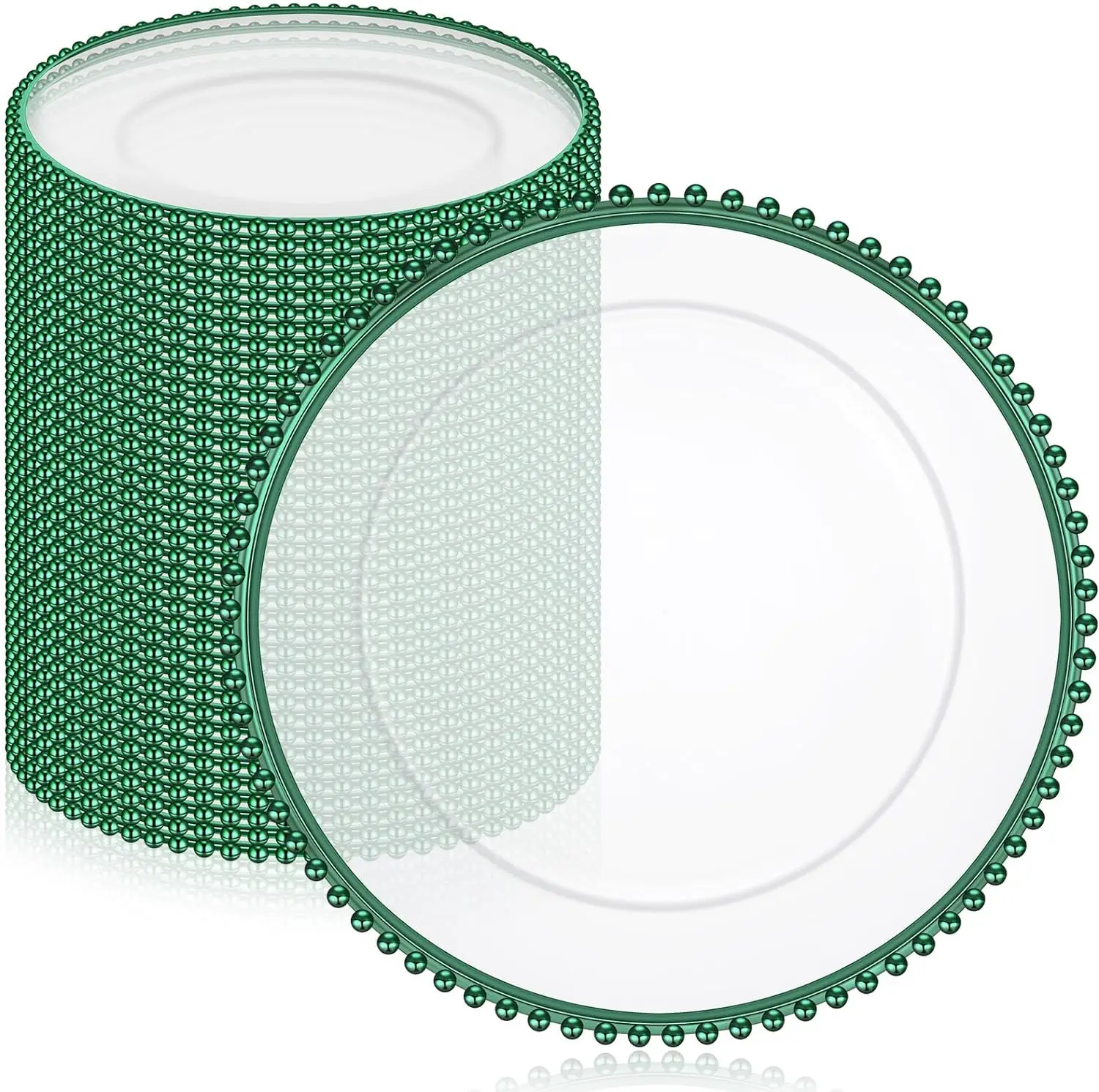Clear Charger Plates 13 Inch Plastic Round Dinner Plates with Beaded Rim Dinner Table Decorative Plates (Dark Green)