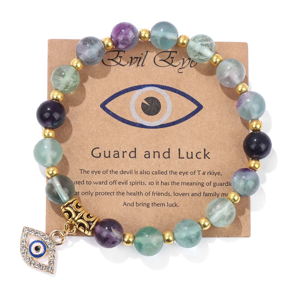 8mm Semi-Precious Gemstone Bracelet with Evil Eye Charm Healing Crystal Stone Stretch Bracelets for Men Women