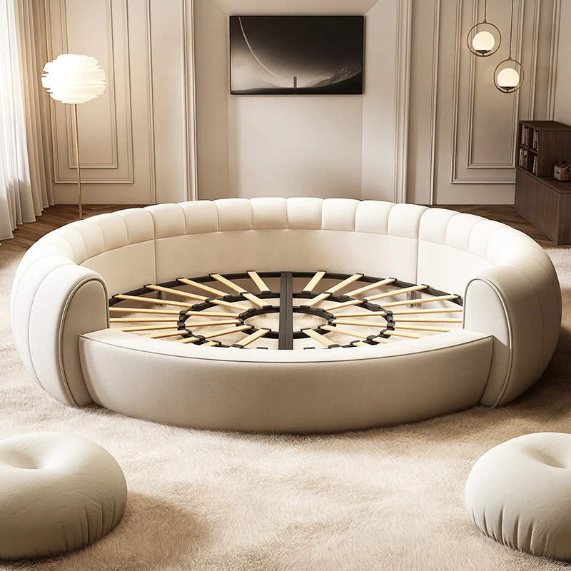 Italian modern Luxury Puff Cream lit rond round rotating circle Bed king size mattress Ins Luxury Soft Senna Round Bed frame
