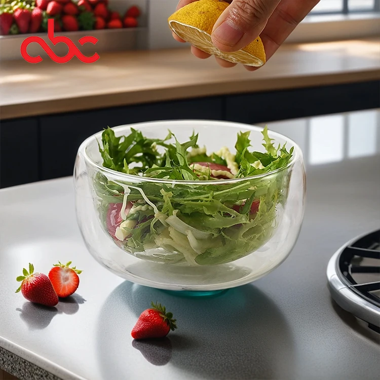 Hand Blown Heat Resistant Round Clear Double Wall Borosilicate Glass Fruit Salad Food Bowl For Home Restaurant Bar Kitchen