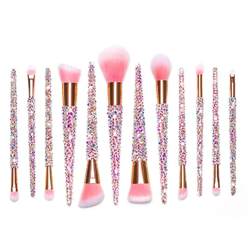 New Bling Rhinestone Makeup Brushes Premium Synthetic Foundation Powder Concealer Eyeshadow Contour 12 Pcs Makeup Brush Set