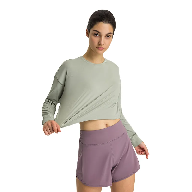 New Crew Neck Gym Fitness T Shirts Workout Women Tops Sportswear Long Sleeve Quick Drying Fabric Pullover Sweatshirt