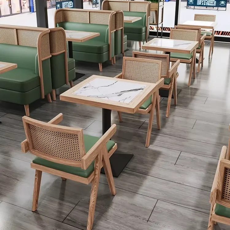 Modern Internet Famous Shop Southeast Asian Style Rattan Wood Design Restaurant Sofa Booth Dining Table And Chair Set