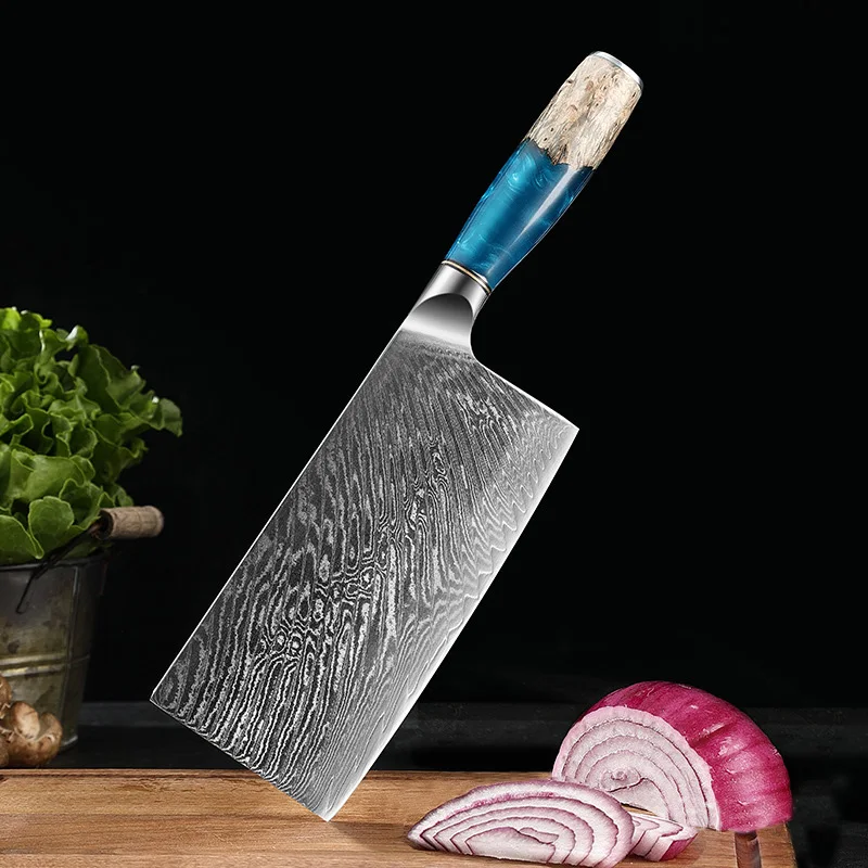 Factory Price Chef Knife sets with Blue Resin Handle Carbon Steel Kitchen knife Damascus Knife