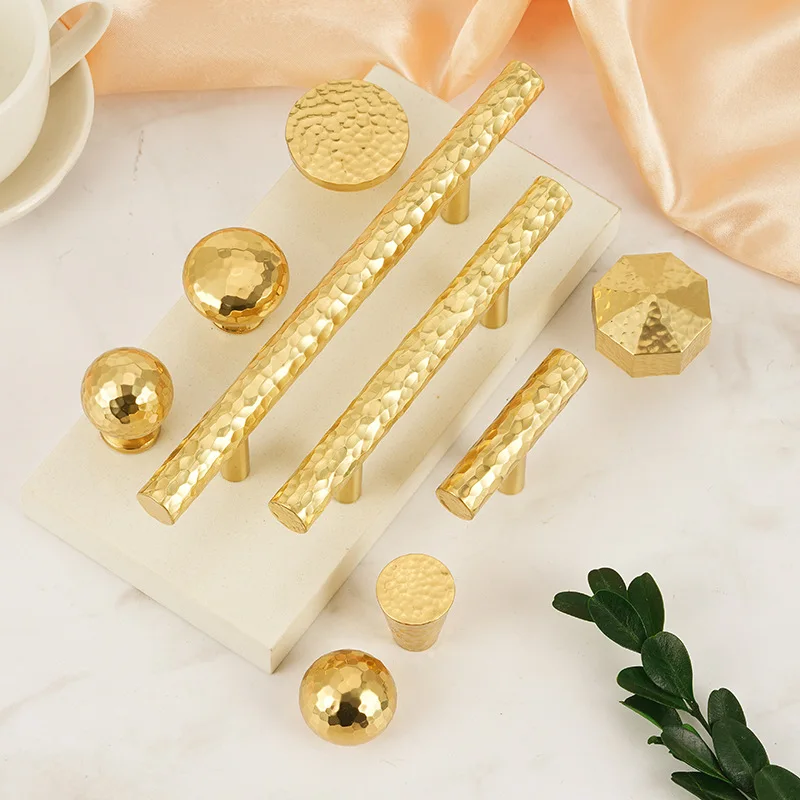 Handmade Brass Wardrobe Handle Light Luxury Textured Handle for Drawer Cupboard Modern Hammered Furniture Door Pull T Bar