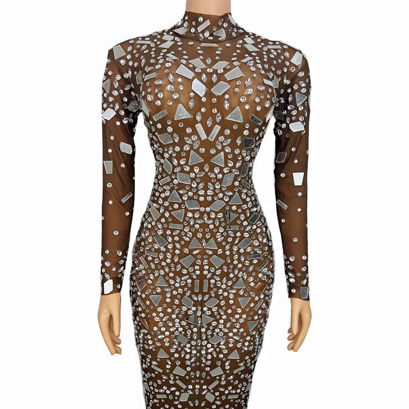 Evening Birthday Celebrate Outfit Sparkly Silver Rhinestones Mirrors Brown Mesh Long Sleeves Dress Costume See Through Dresses