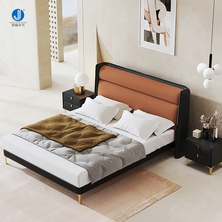 China Style Bedroom Furniture Double Bed Latest Bed Sat King Size Browne Color Flannel Wood Bed